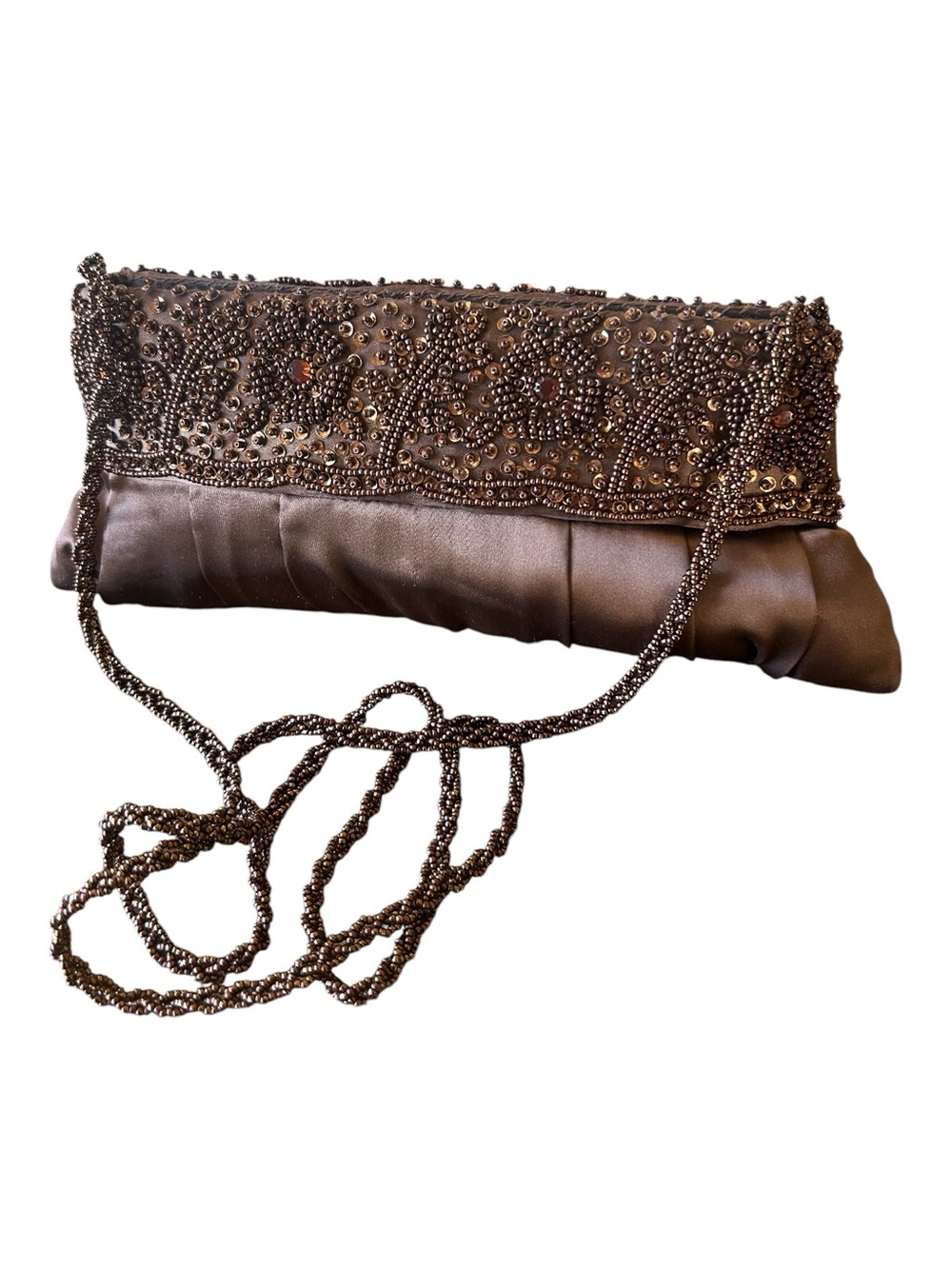 Carlo Fellini-Soledad Brown Floral Beaded Satin Evening Shoulder Bag